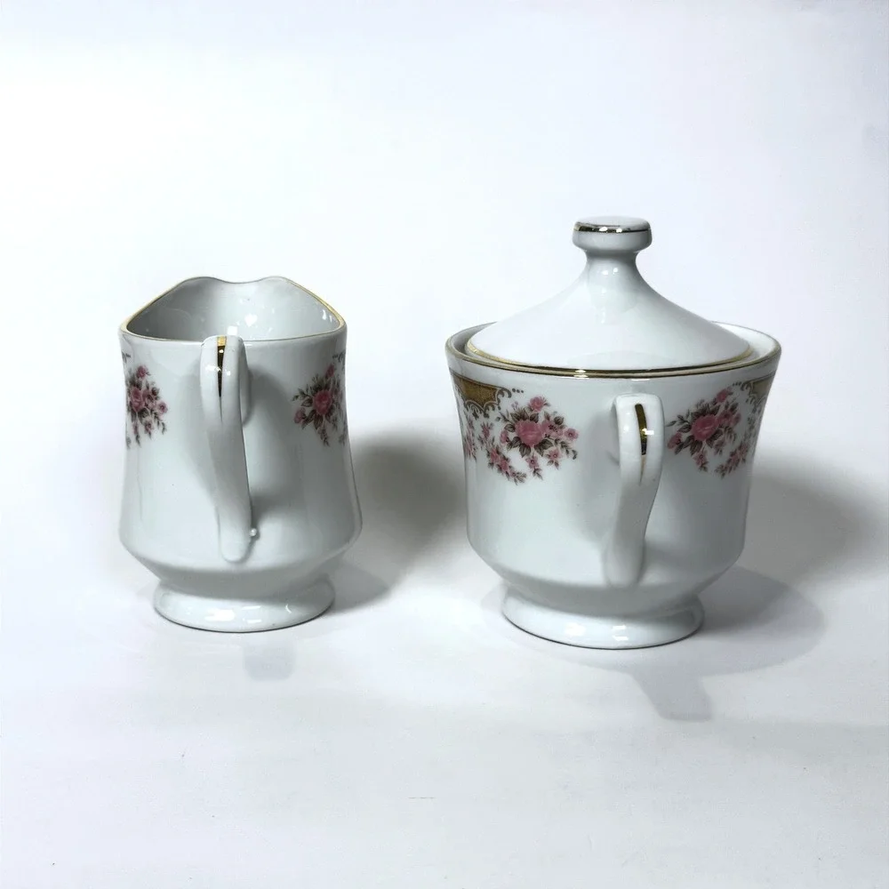 Vintage Norleans Fine China Japan Elisio Creamer & Sugar Bowl Set Pink Roses